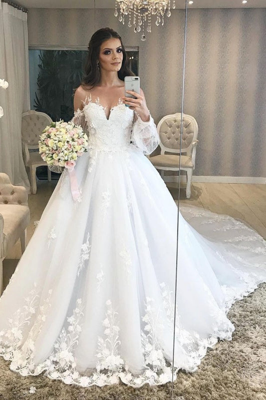 Elegantes langes schulterfreies Prinzessin-Brautkleid mit Blasenärmeln