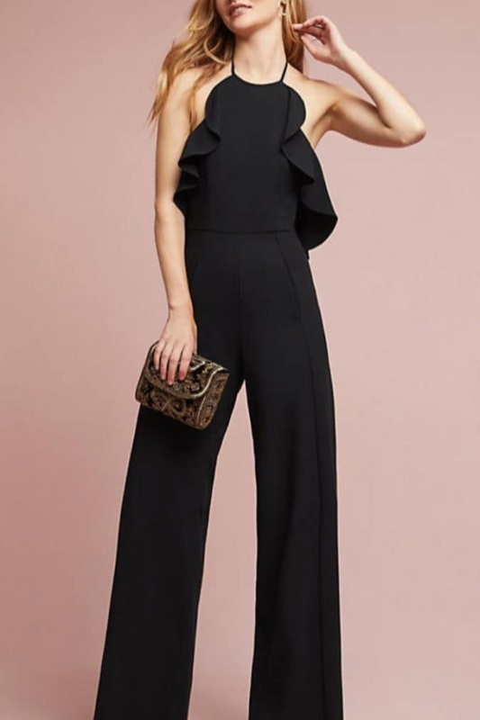 Eleganter schwarzer Straßen-Jumpsuit mit Rüschen und Neckholder und hoher Taille