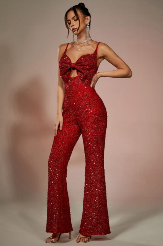 Roter Jumpsuit mit Pailletten und Spaghettiträgern und Fliege