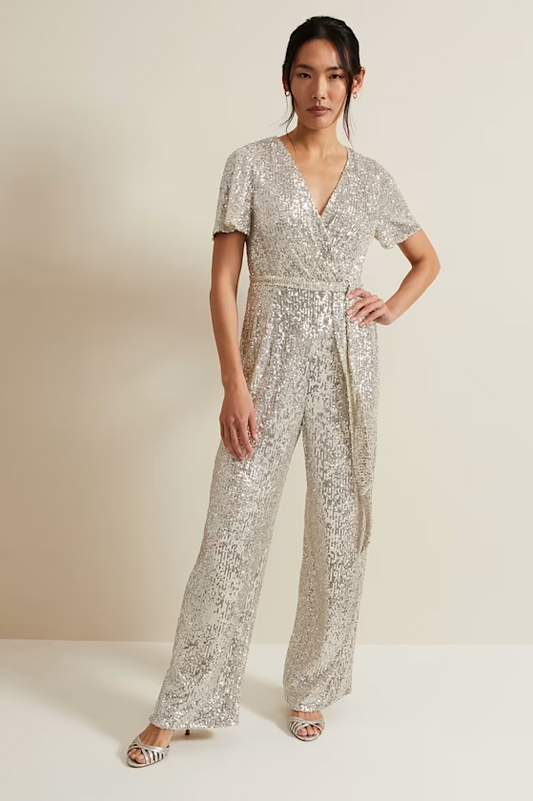 Overall mit Pailletten und flatternden Ärmeln – Silberfarbener Damen-Overall mit weitem Bein, modisch und sexy