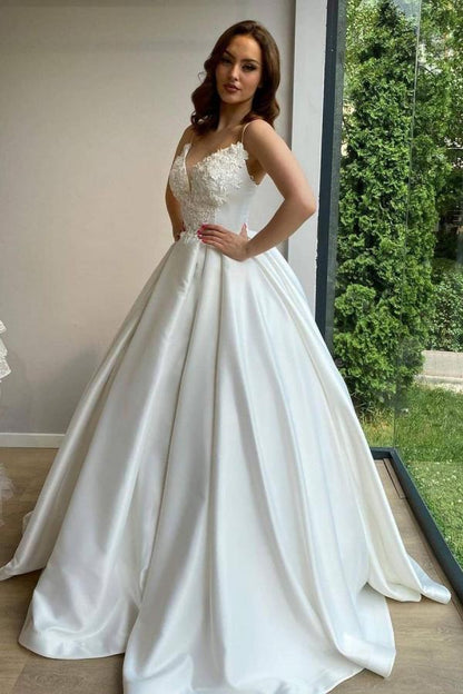 Ballkleid, herzförmiges, langes Brautkleid aus Satin mit Spaghettiträgern