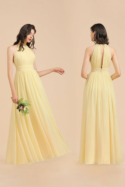 Neckholder Ärmellos Daffodil Chiffon Bridesmaid Dress with Rüschen