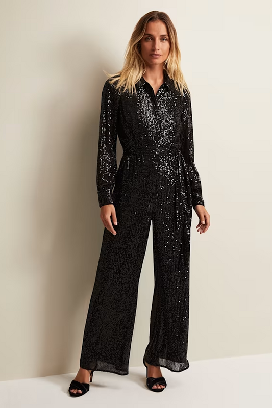 Schwarzer Pailletten-Hemd-Jumpsuit für Damen mit weitem Bein, modisch und sexy