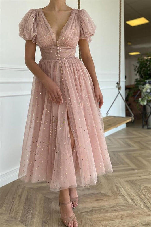 Elegantes tauperosa Ballkleid mit V-Ausschnitt, kurzen Ärmeln und Pailletten