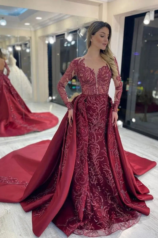 Elegantes rotes Meerjungfrau-Abendkleid mit langen Ärmeln und Paillettenapplikation